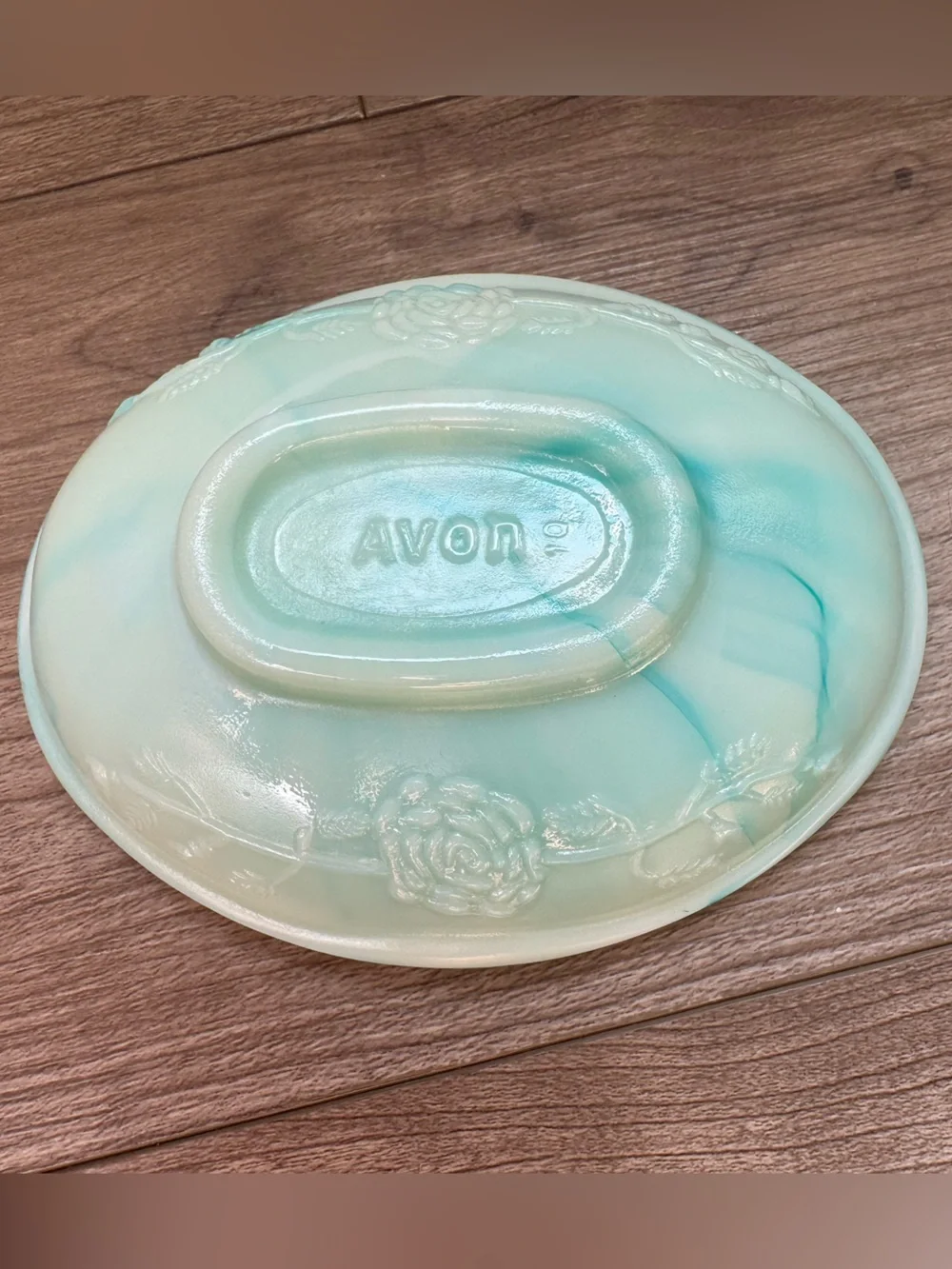 vintage 1970s Avon soap dish & bowl slag glass teal white jadeite-like finish